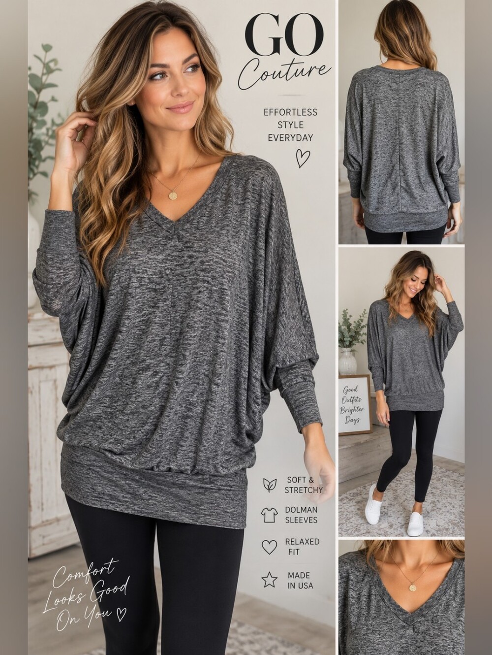 Go Couture Women’s Large Charcoal Gray Dolman Batwing Tunic Top Made in USA